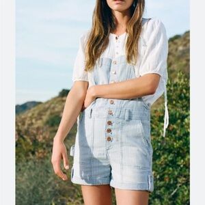 Pilcro Anthropologie Blue and White Striped Railroad Women Jeans Overalls Shorts